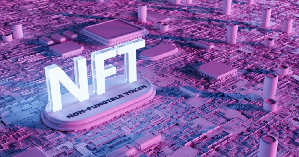 illustration or imagery of the word NFT describing how will it might've look like in a virtual city with purple colors around