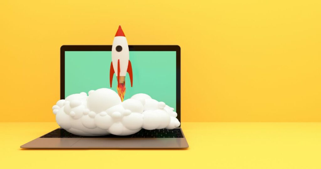 illustration of toy rocket placed in a laptop