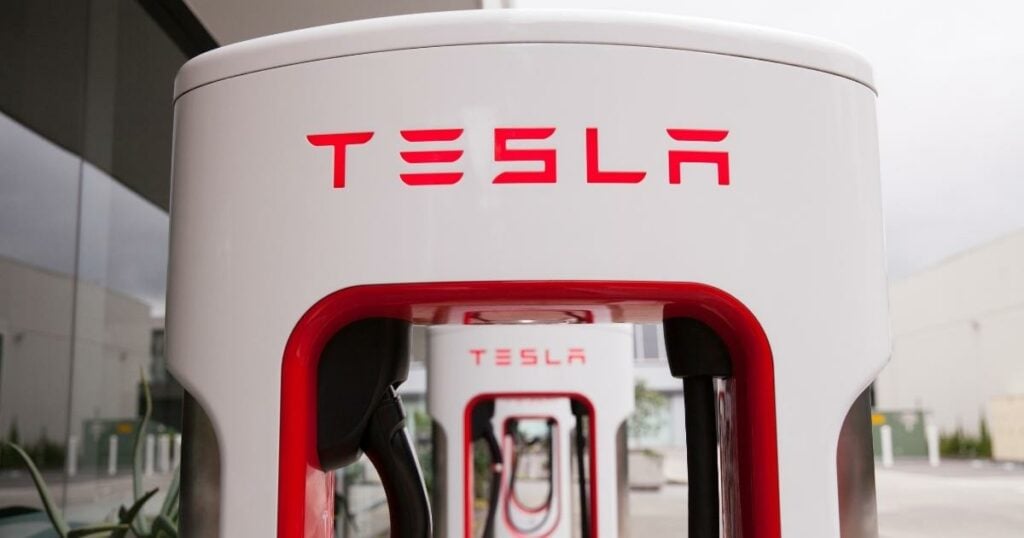 tesla logo printed out in a unique white-and-red colored tech
