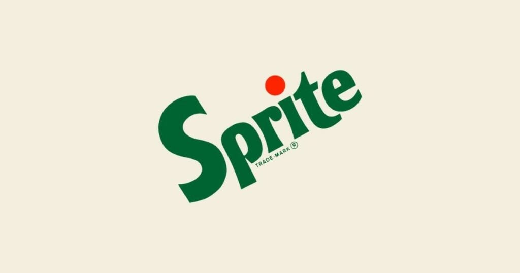 sprite logo design from 1974 to 1989, green font with a red dot logo