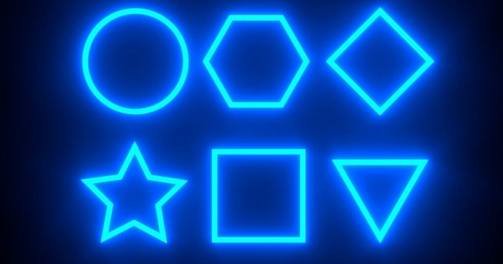 6 main types of geometric shapes (circle, hexagon, diamond, star, square, and triangle) in a blue-ray light