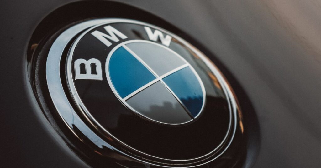 close-up picture of the bmw logo design printed on the actual car