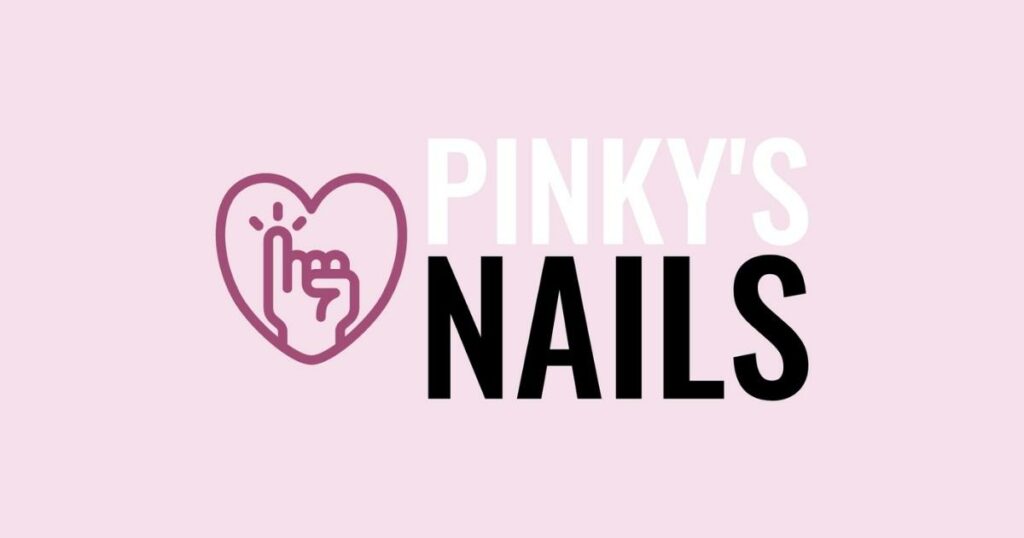 the brand - Pinky's nails logo design with white font for the pinky's and black font on the word nails, and icon on the left side. It also have a pink background
