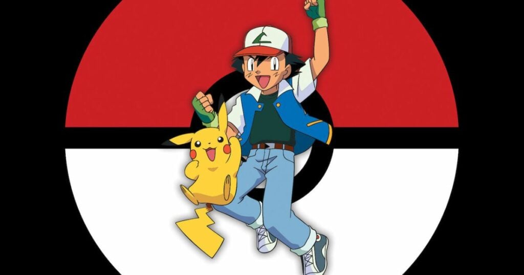 ash and pikachu with pokemon balls as background