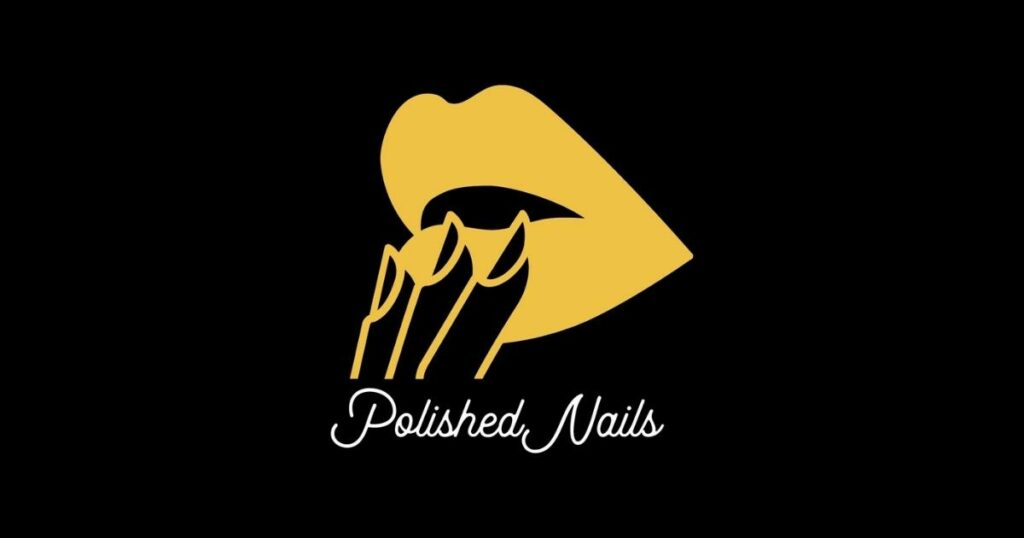 the brand - polished nails logo design with yellow icon of fingers touching the mouth in isolated black background