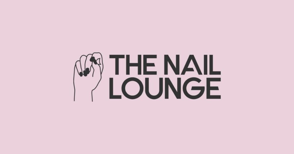 the brand - the nail lounge logo design with black font and pink background, and an icon of hands on the left side