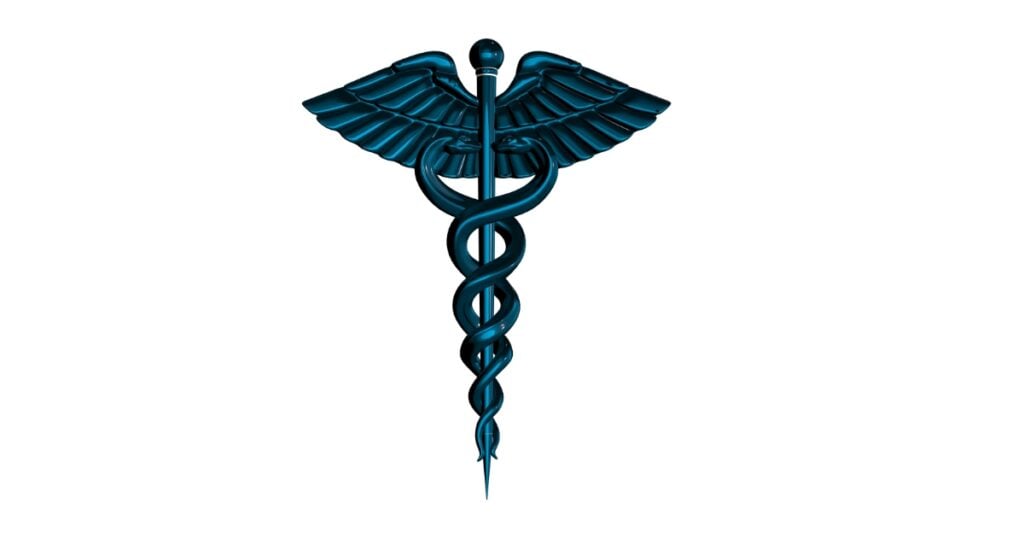 Caduceus medical symbol with a two snakes on the rod, and what seems to be like a wings on the top