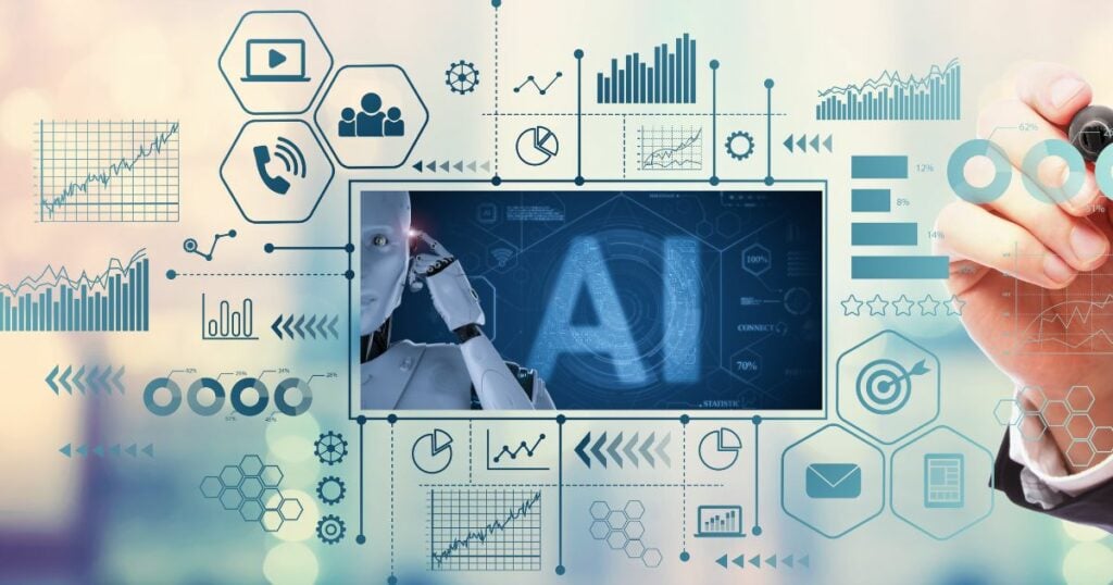 a picture that depicts the word AI, with the letters AI on the middle of the image, and other digital-related software and icons