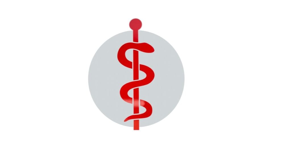 Rod of Asclepius medical symbol with a color red on the specific rod and snake icon, and round, gray background