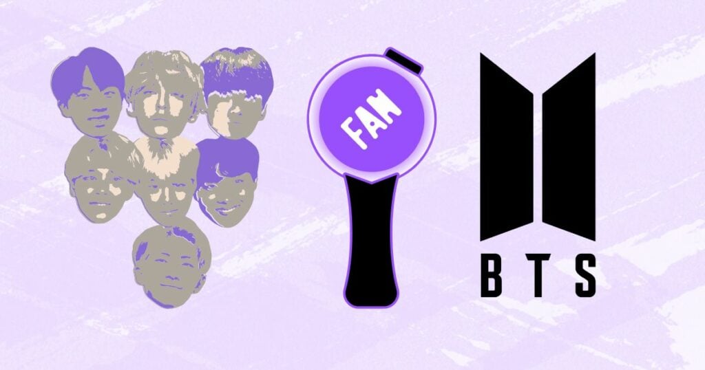bts fan made creative image along with the 7 faces of the BTS members, lightstick on the middle, and the group's logo design on the right