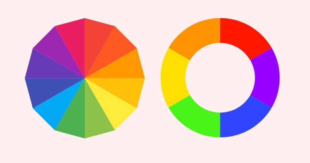a polygon-shaped color wheel on the left side, and a 6-colored circled color wheel on the right
