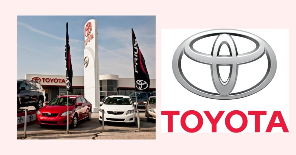 toyota color branding with an image of the actual store on the left, and the toyota logo on the right