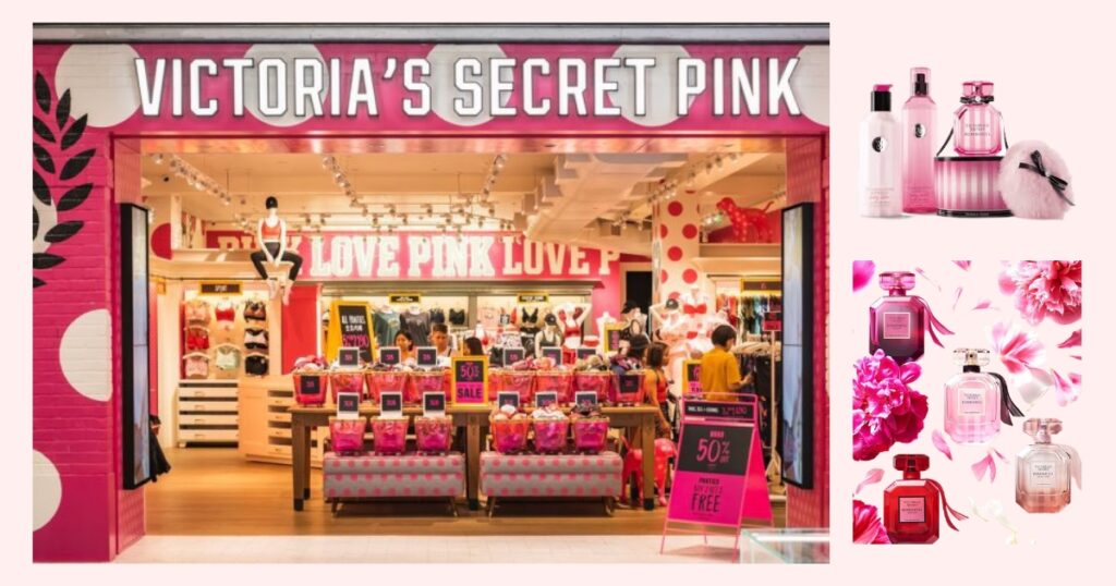 victoria secret color branding with the actual victoria secret store on the left, and some VS items or perfume on the right