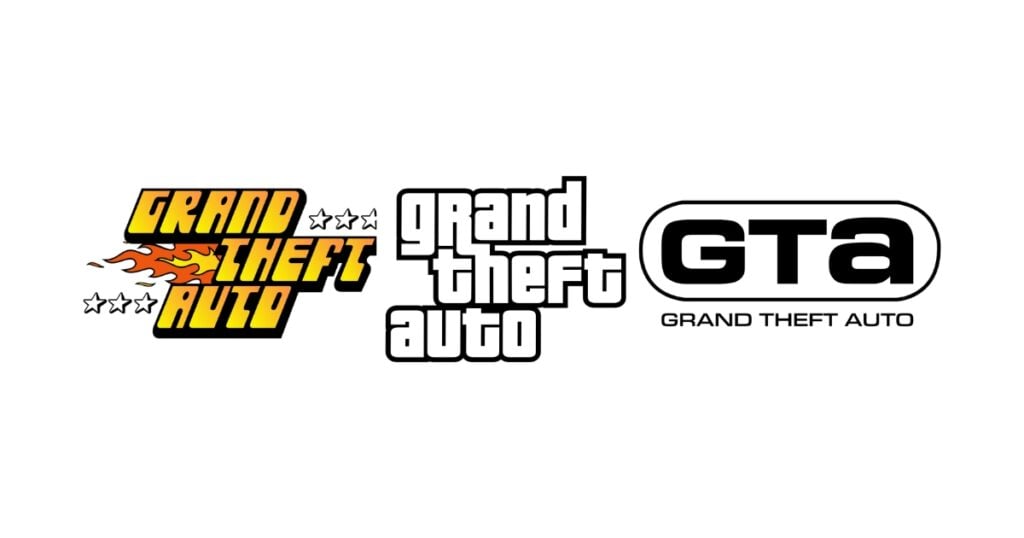 Collection of three Grand Theft Auto or GTA logos showcasing the evolution of the iconic gaming brand.