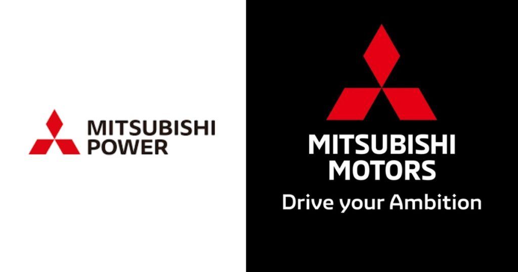 Mitsubishi logo designs with the left one  showing the Mitsubishi power, and the right one representing the Mitsubishi motors