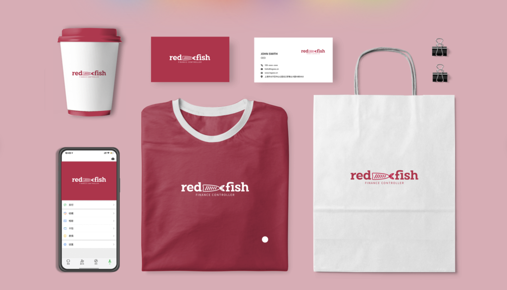 Red Fish logo with a fish tail and Viva Magenta color on the branding kits lile mobile app, paper bag, paper cup etc