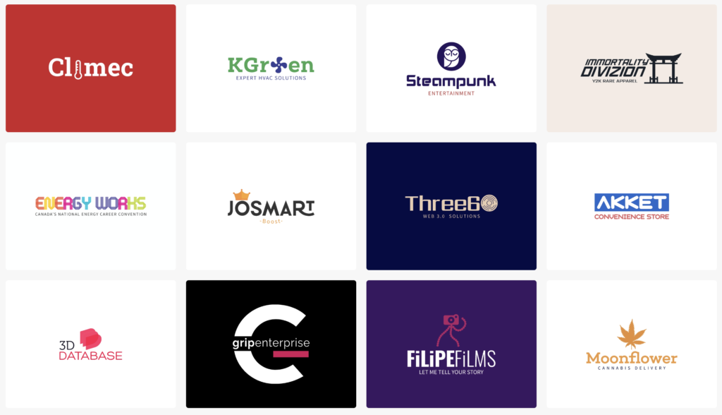 thumbnail view of logo design samples crafted by a logo generator website - logomakerr