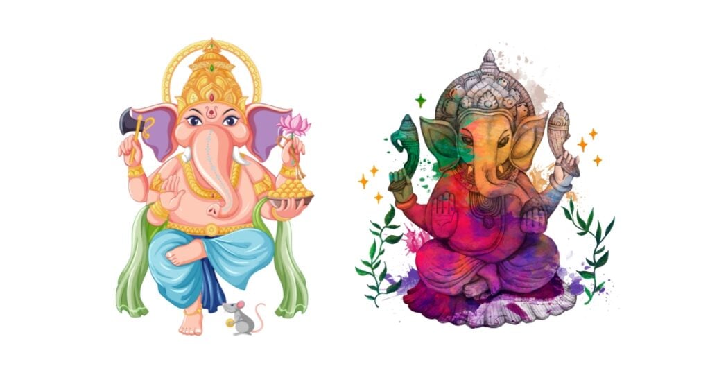 A pair of different illustrations showcasing the Hindu God Ganesha in a unique perspective.
