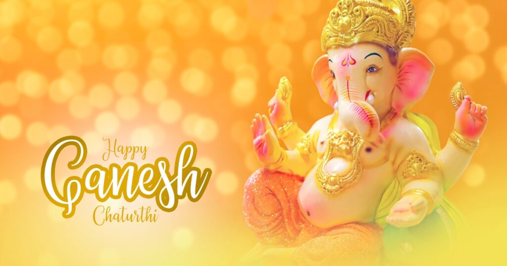 A vibrant graphic design of Happy Ganesh Day is set against a golden yellow background.