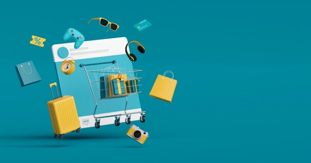 An illustration of a social media post featuring an array of items emerging from it, including a shopping cart, sunglasses, a credit card, and various other items.