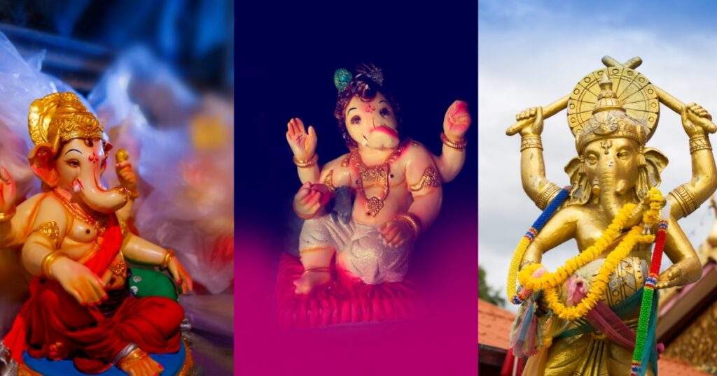 Three unique renditions of Ganesh god in the form of meticulously crafted idols, each embodying distinct styles and expressions.