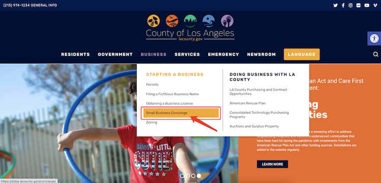 LA County Gov website, a guide to register a small business license