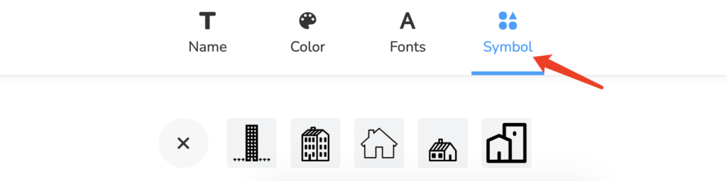 screenshot of the logomakerr.AI generate page that is zoomed in on the customization choices above all the generated logo templates with arrow pointing on symbol tab.
