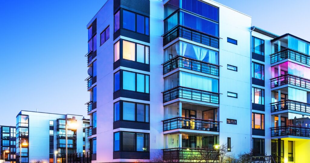 condominium or apartment exterior with a blueish outlook
